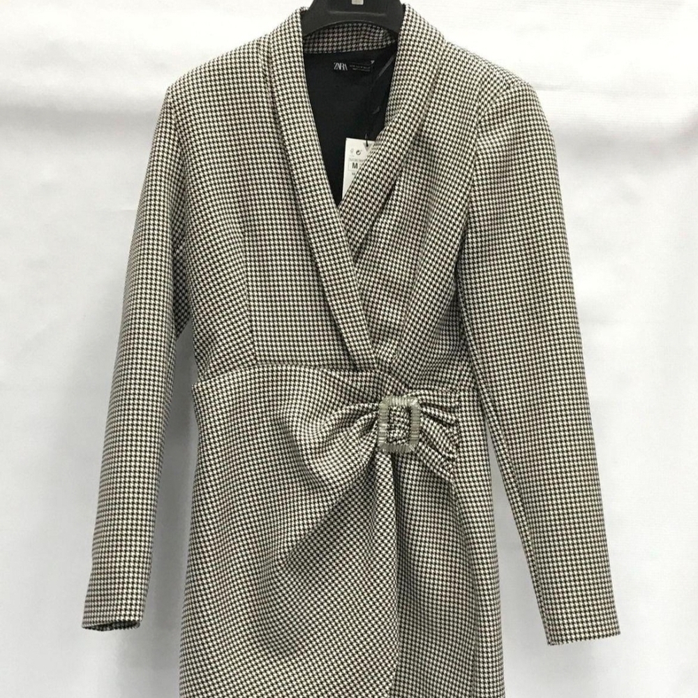 Zara Black and White Houndstooth Wrap Dress with Waist Tie